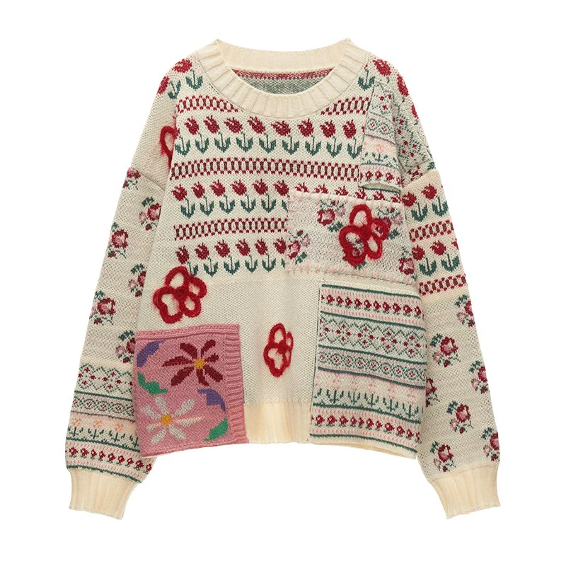 Fair Isle flower patchwork sweater loose top - Image 5