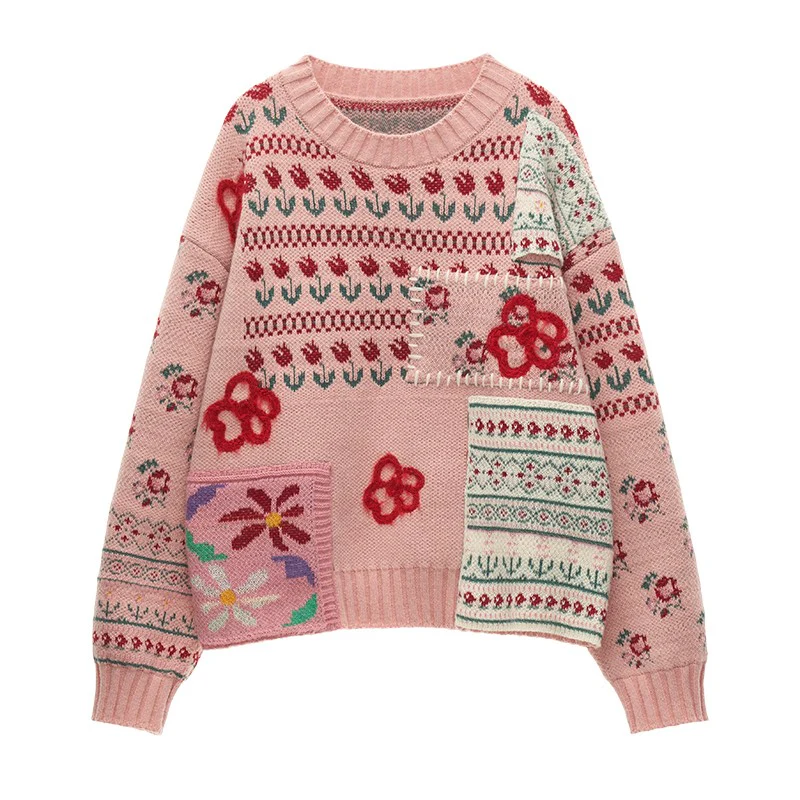 Fair Isle flower patchwork sweater loose top - Image 6