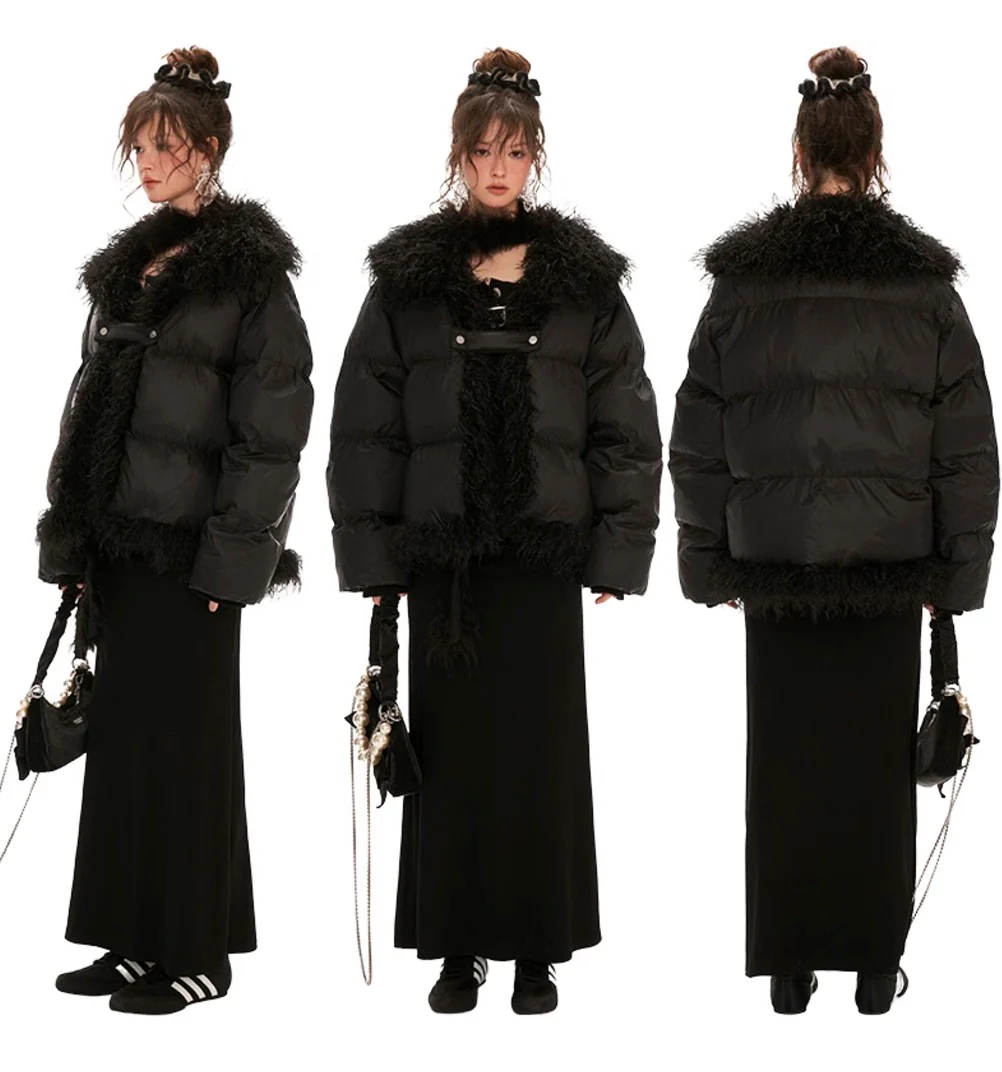 Fake fur stitching high collar cotton coat - Image 11
