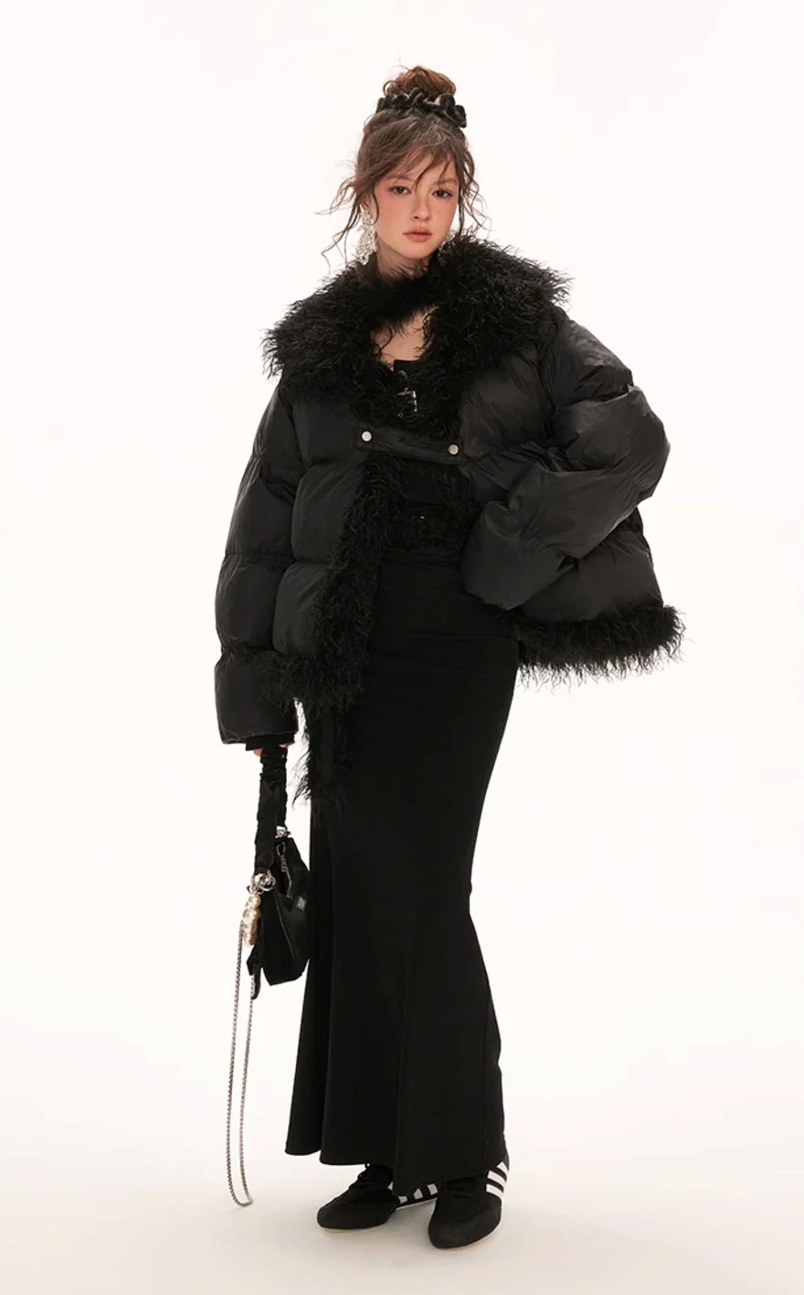 Fake fur stitching high collar cotton coat - Image 13