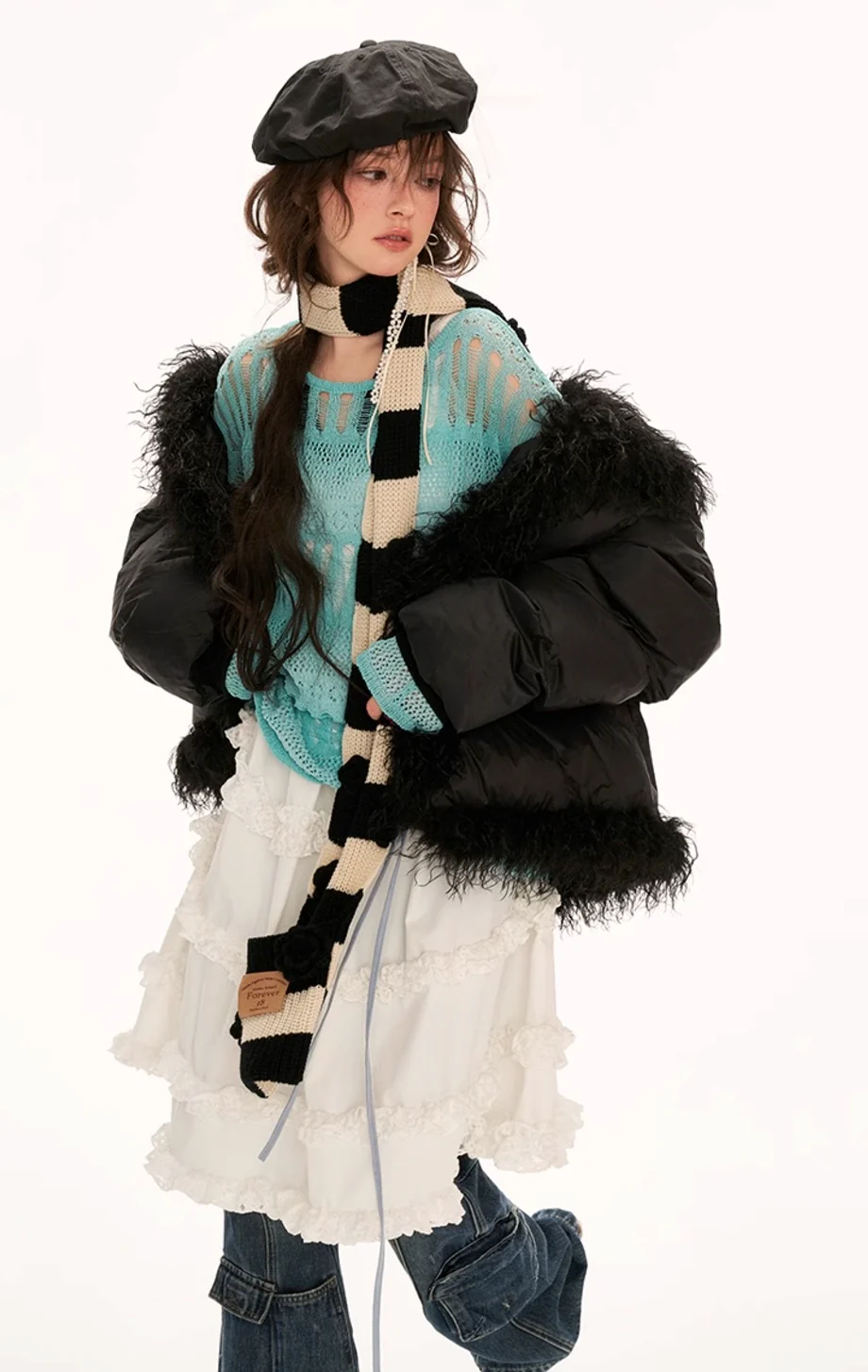 Fake fur stitching high collar cotton coat - Image 14