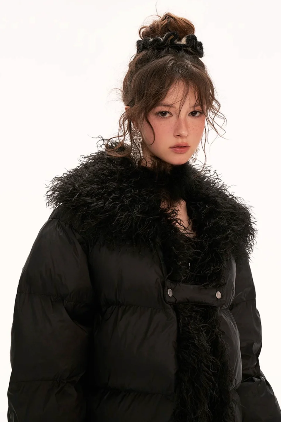 Fake fur stitching high collar cotton coat - Image 16