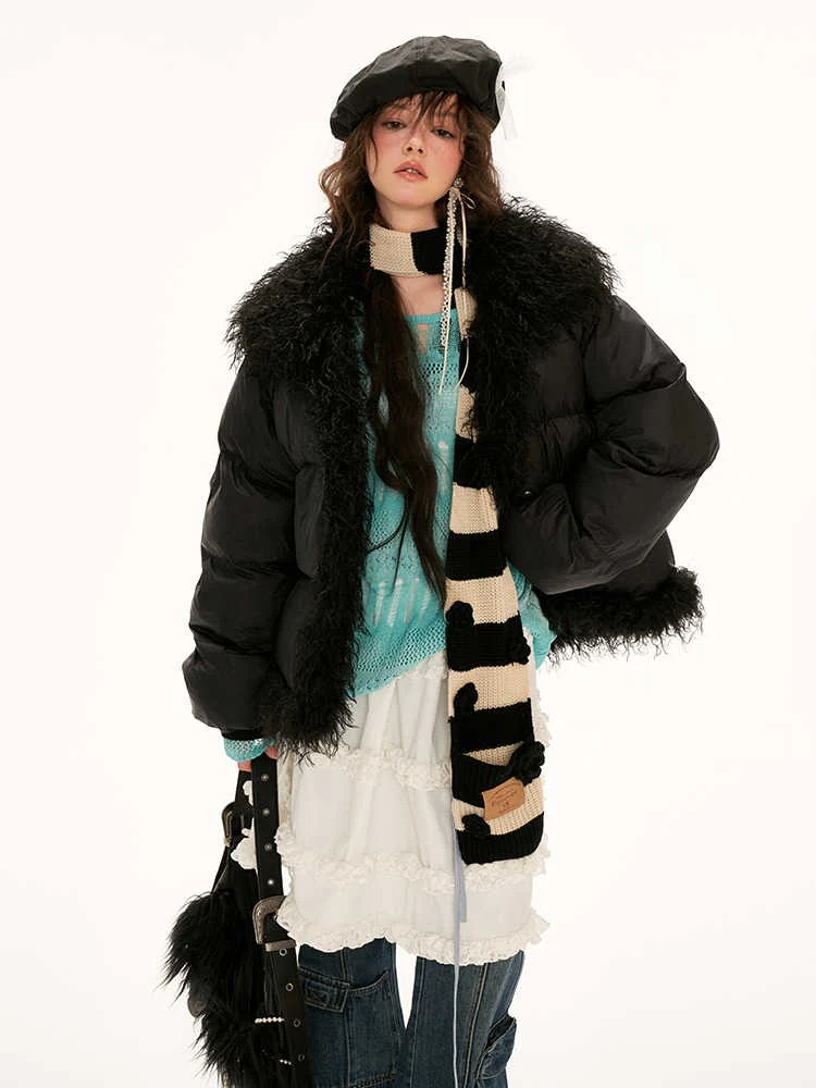 Fake fur stitching high collar cotton coat - Image 3