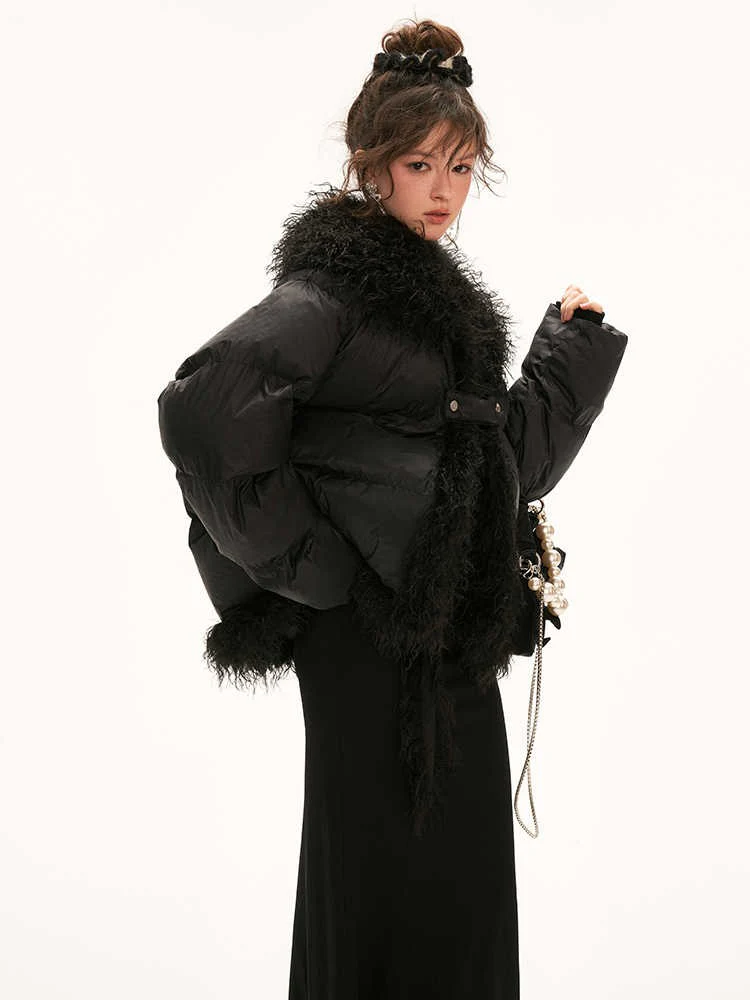 Fake fur stitching high collar cotton coat - Image 4