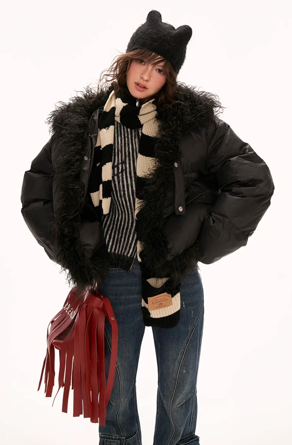 Fake fur stitching high collar cotton coat - Image 9