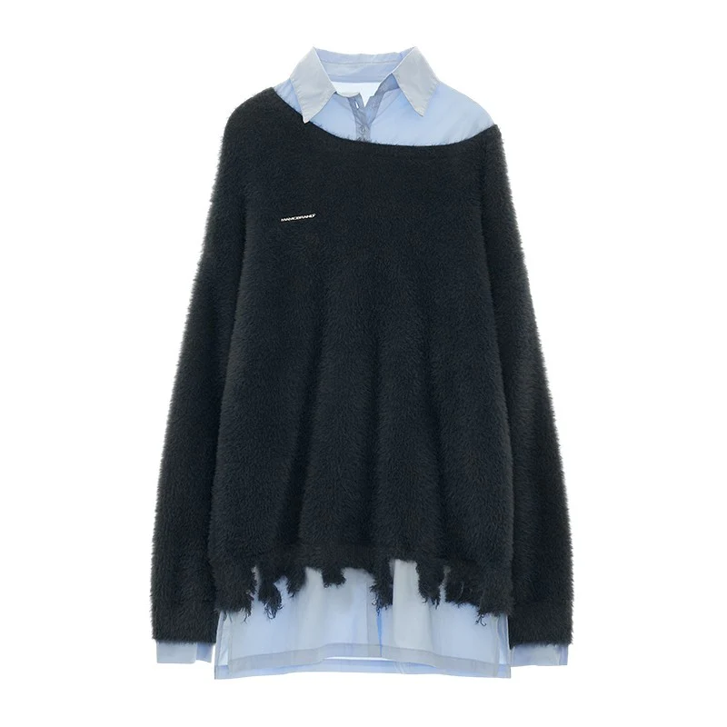 Fake two-piece college style shirt sweater - Image 5
