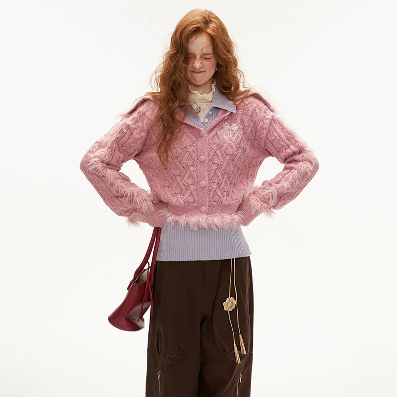 High collar patchwork wool sweater cardigan - Image 4