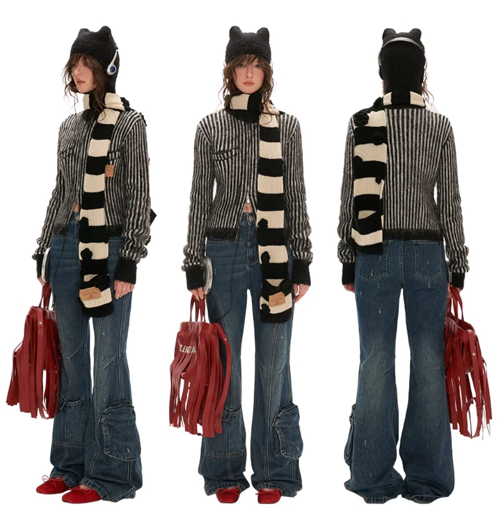 Hoodie fleece striped sweater all-match zipper knitted jacket - Image 11