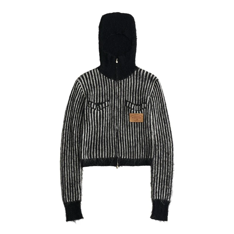 Hoodie fleece striped sweater all-match zipper knitted jacket - Image 15