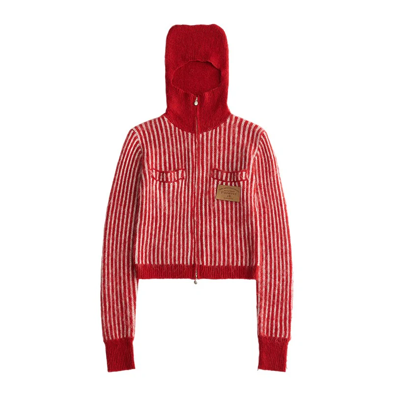 Hoodie fleece striped sweater all-match zipper knitted jacket - Image 16