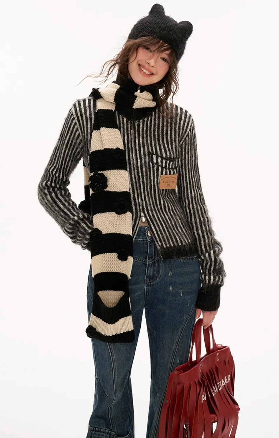 Hoodie fleece striped sweater all-match zipper knitted jacket - Image 17