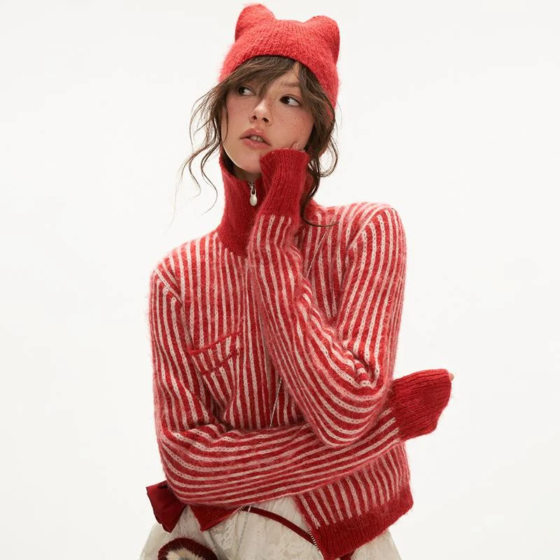 Hoodie fleece striped sweater all-match zipper knitted jacket - Image 5