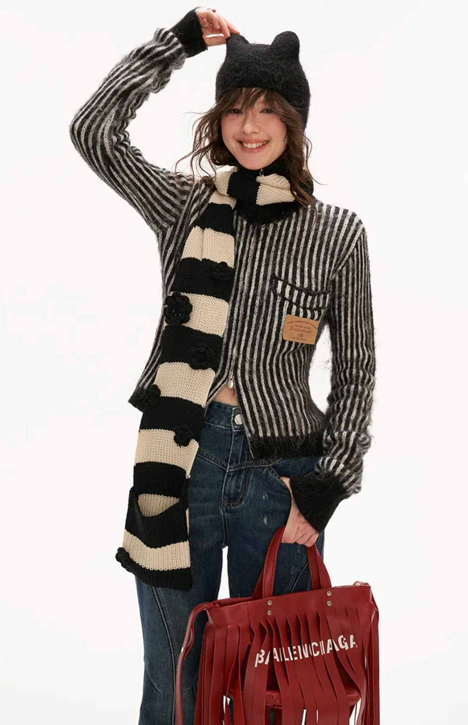 Hoodie fleece striped sweater all-match zipper knitted jacket - Image 6