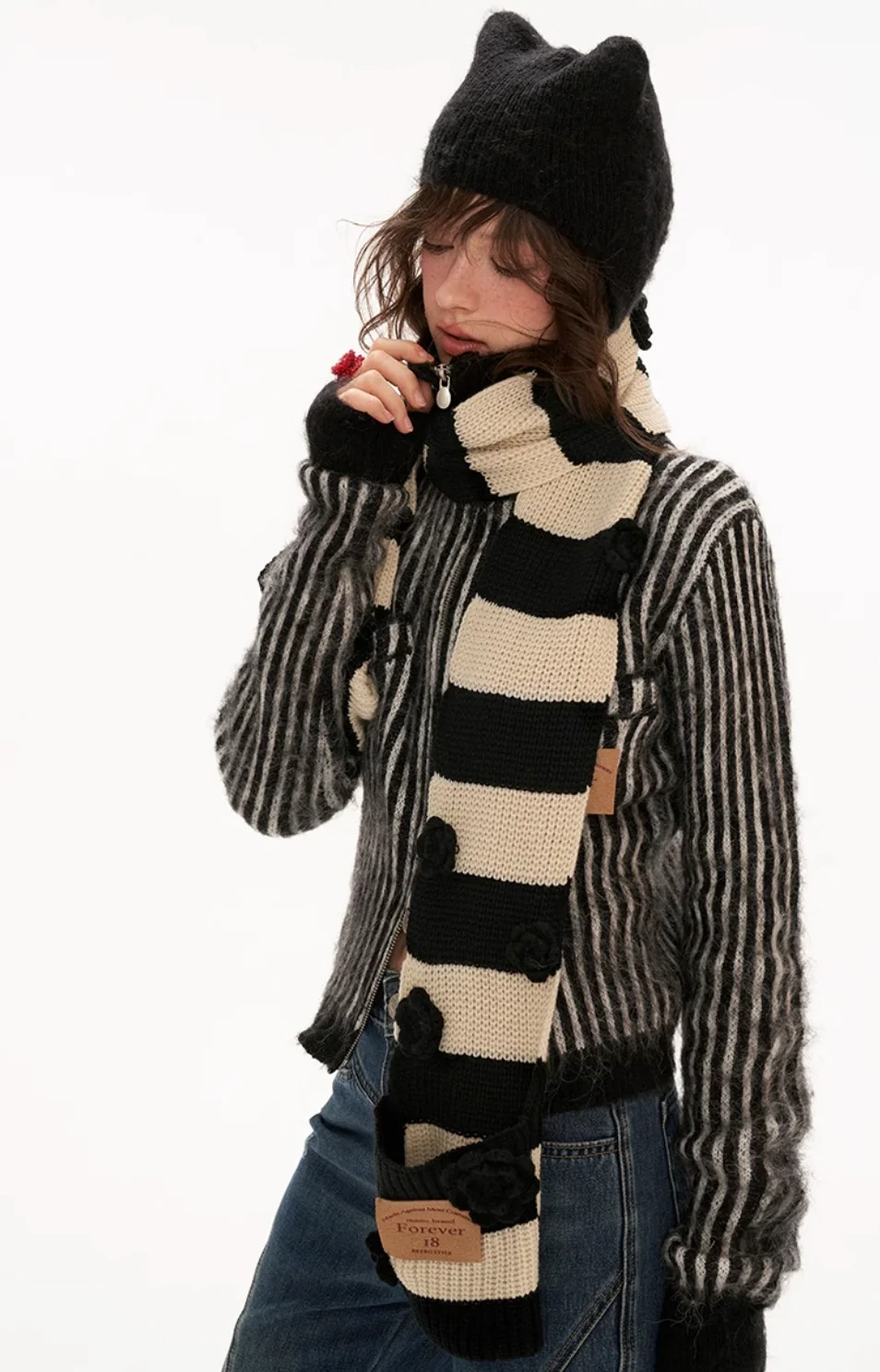 Hoodie fleece striped sweater all-match zipper knitted jacket - Image 8