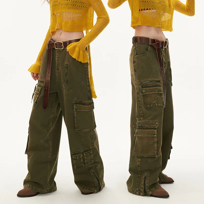 Multi-pocket military green loose casual pants - Image 3