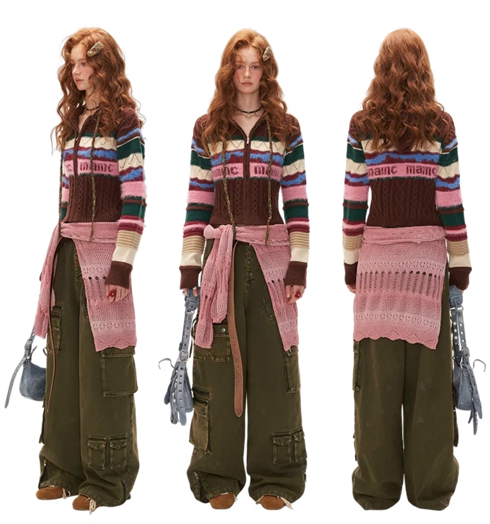 Retro contrast striped hooded sweater outerwear cardigan - Image 11