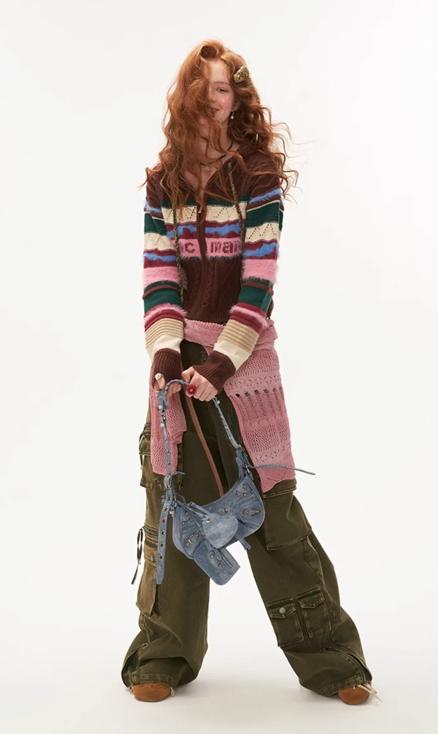 Retro contrast striped hooded sweater outerwear cardigan - Image 16