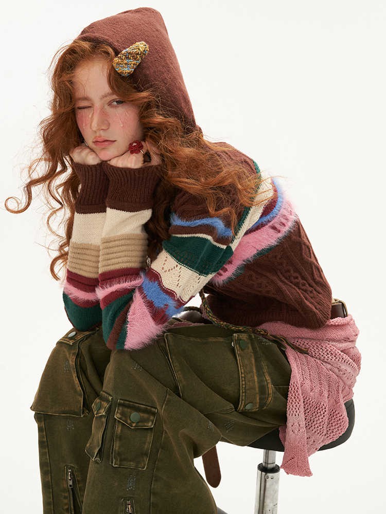 Retro contrast striped hooded sweater outerwear cardigan - Image 2