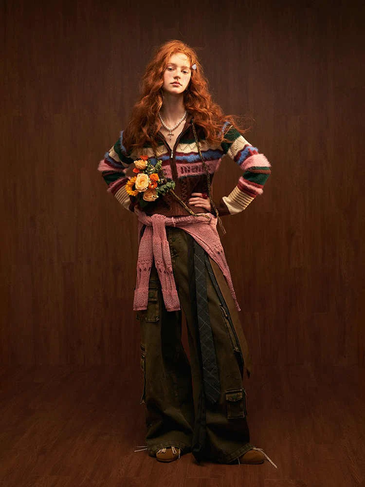 Retro contrast striped hooded sweater outerwear cardigan - Image 3