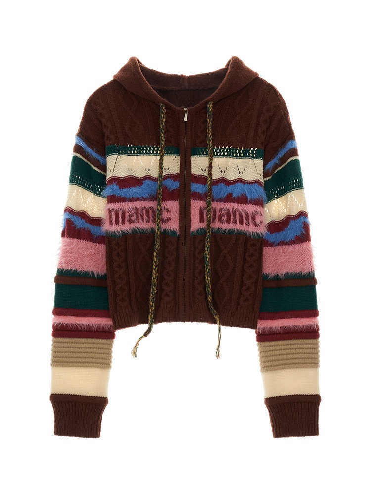 Retro contrast striped hooded sweater outerwear cardigan - Image 5