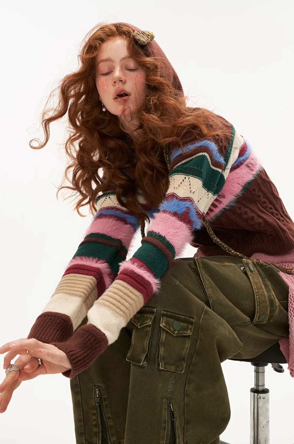 Retro contrast striped hooded sweater outerwear cardigan - Image 7