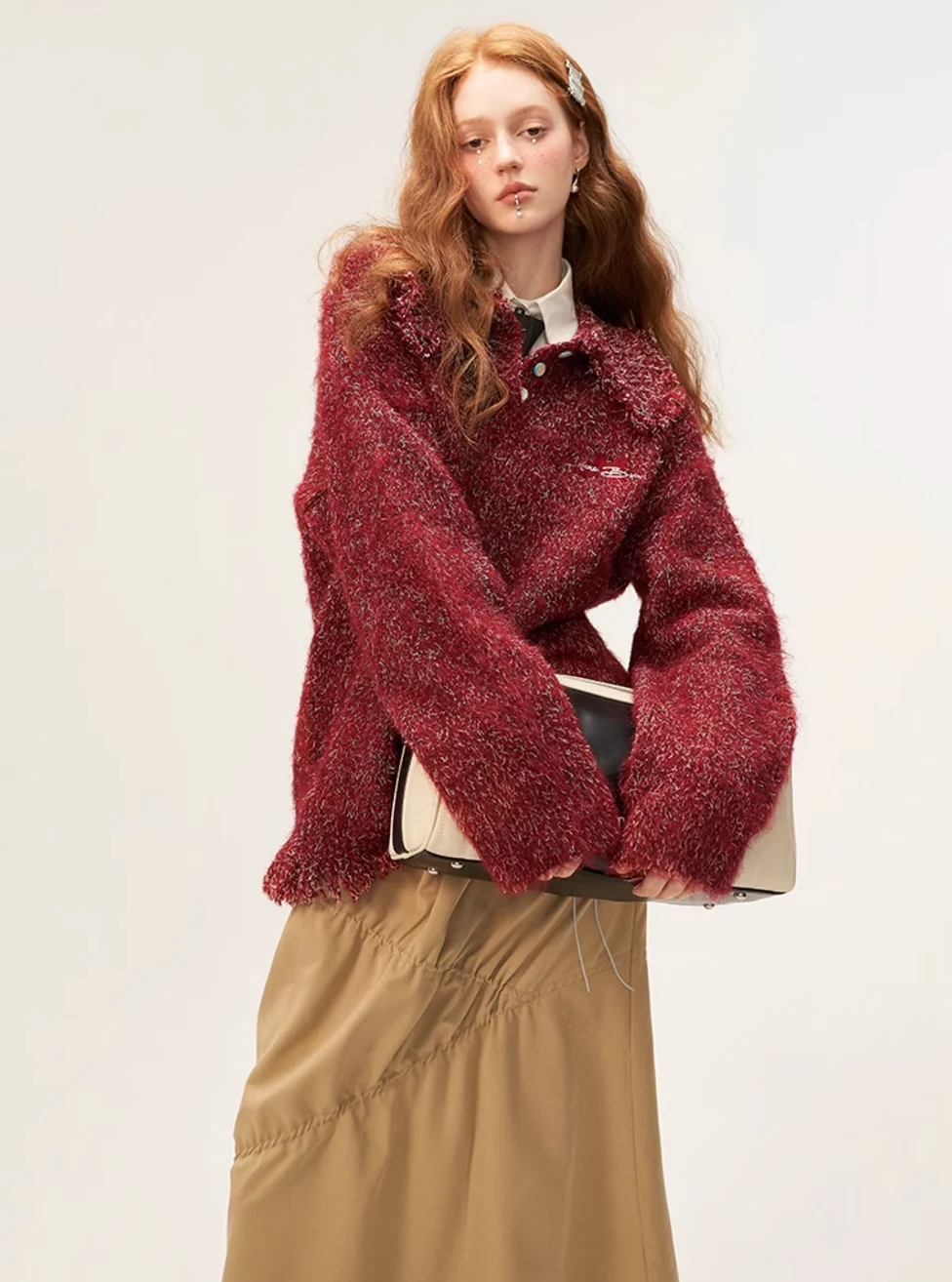 Tassel mixed thread polo button long sleeved sweater - Image 10