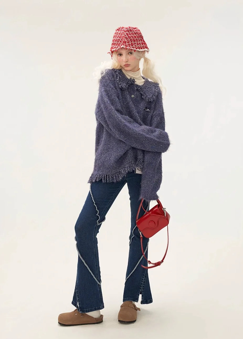 Tassel mixed thread polo button long sleeved sweater - Image 11
