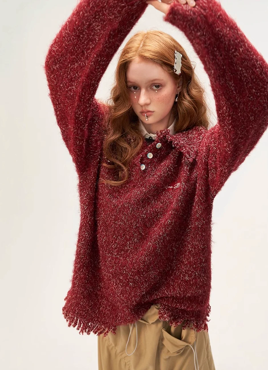 Tassel mixed thread polo button long sleeved sweater - Image 12
