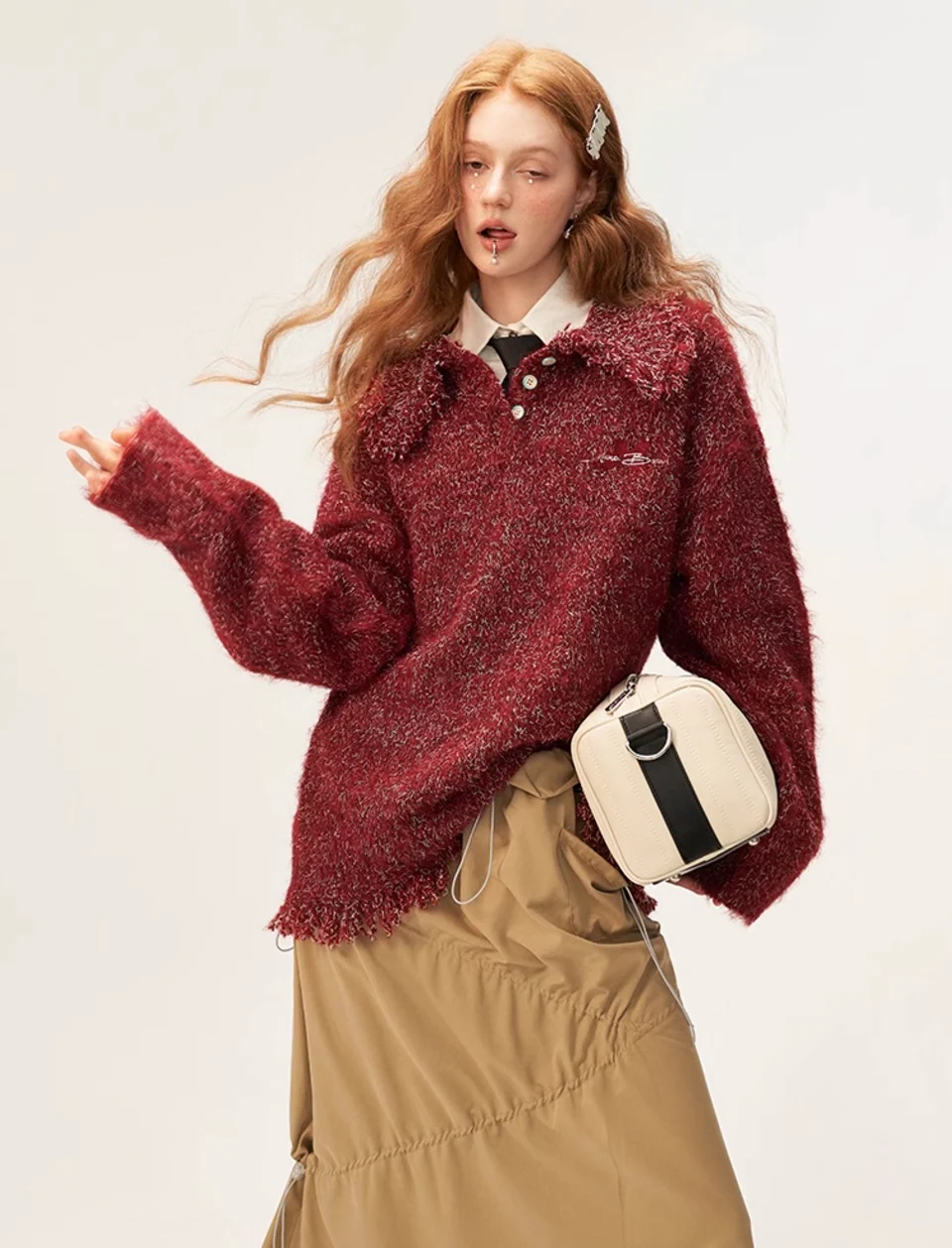 Tassel mixed thread polo button long sleeved sweater - Image 13