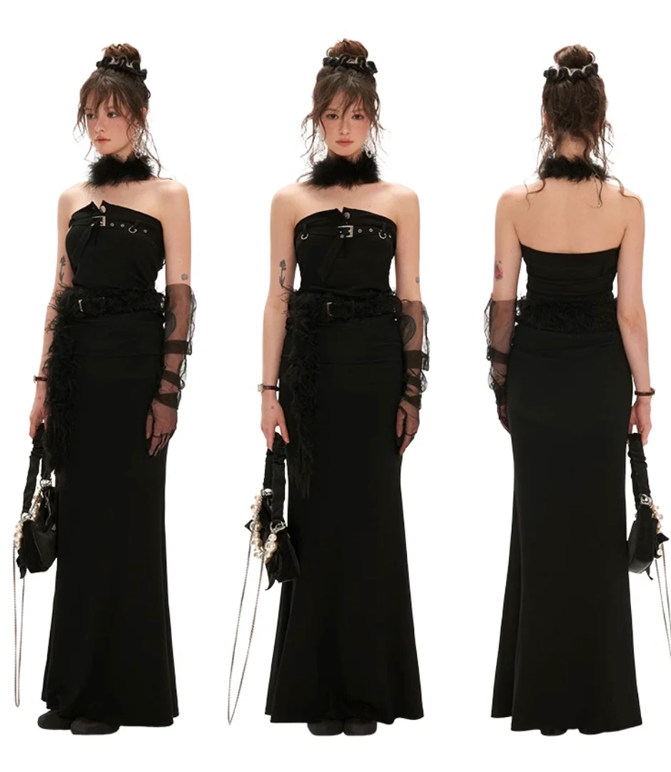 Tube top belt fishtail black dress - Image 5