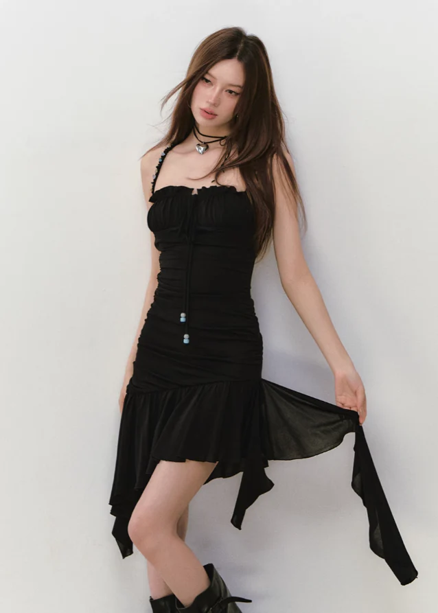 Mesh Slimming Irregular Ribbon Strap Dress - Image 3