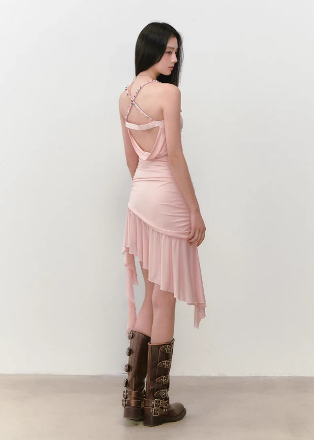 Mesh Slimming Irregular Ribbon Strap Dress - Image 7