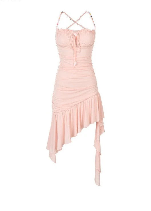 Mesh Slimming Irregular Ribbon Strap Dress - Image 9