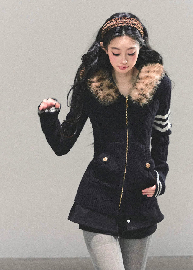 Midnight Fur-Collar Knit Coat - Image 3