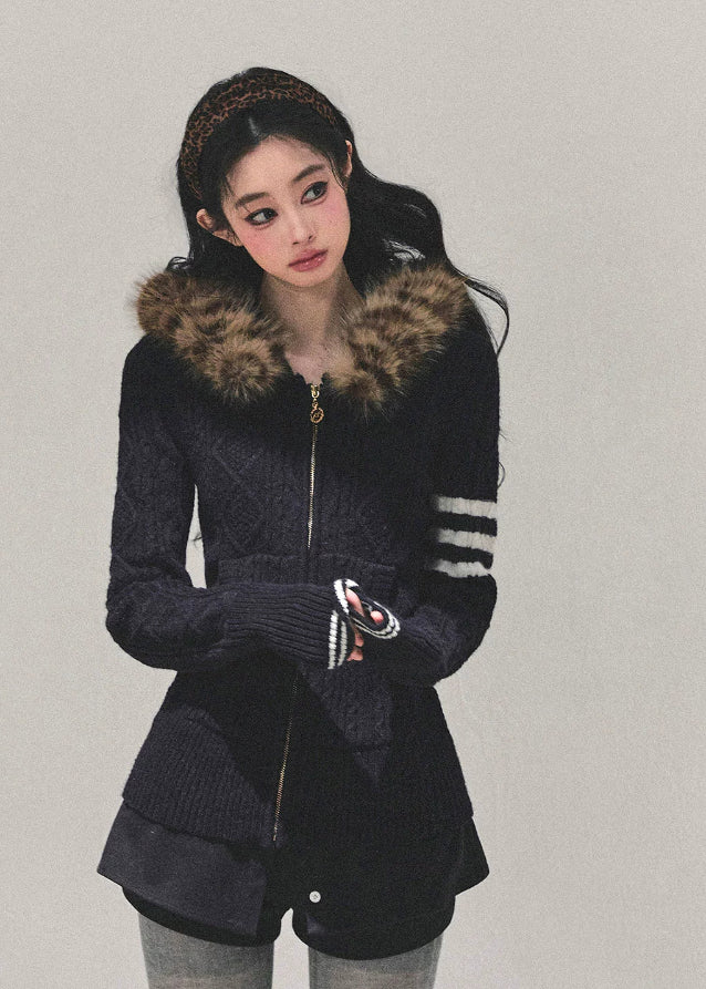 Midnight Fur-Collar Knit Coat - Image 4