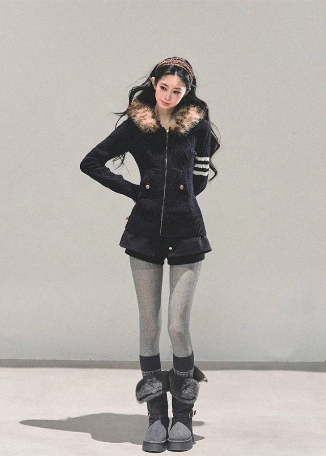 Midnight Fur-Collar Knit Coat - Image 6