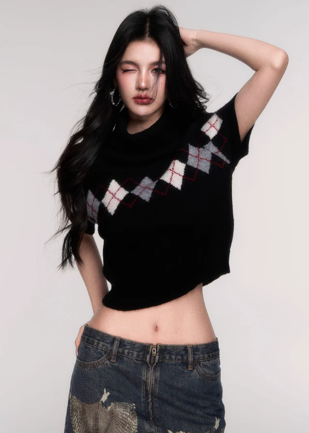 Modern Nerd Cropped Argyle Sweater