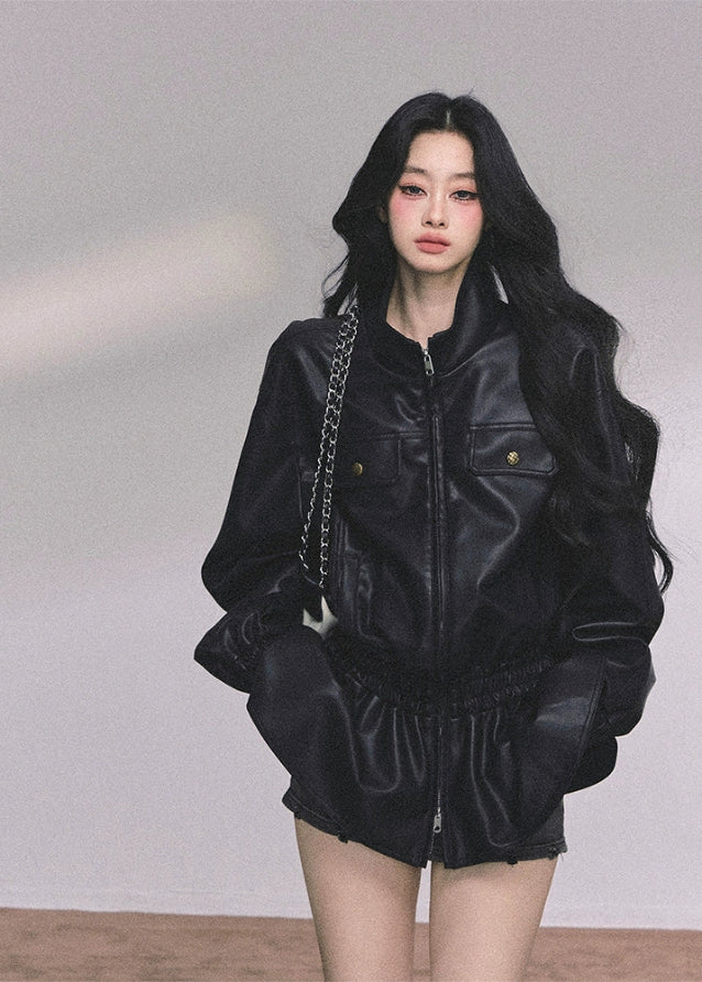 Noir Élégance Sculpted PU Moto Jacket