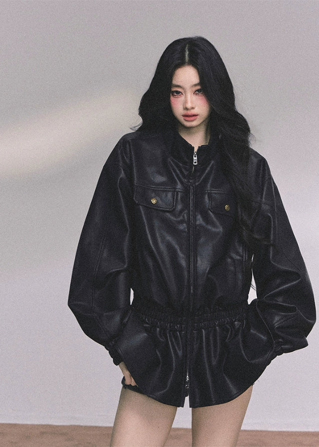 Noir Élégance Sculpted PU Moto Jacket - Image 3