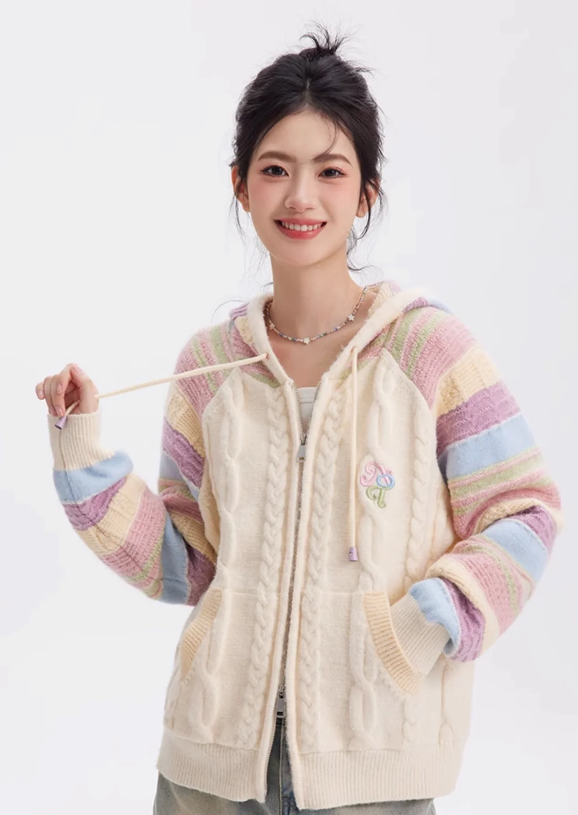 Rainbow Knit Hooded Raglan Jacket - Image 6