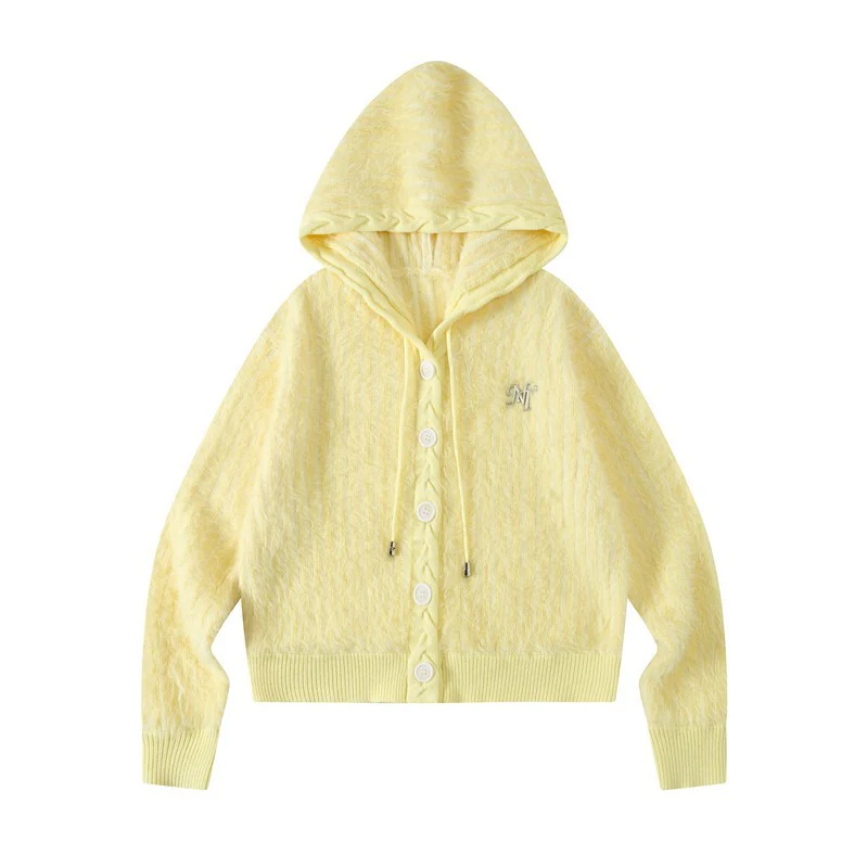Fresh girl light blue two-color imitation mink knitted hooded cardigan - Image 10