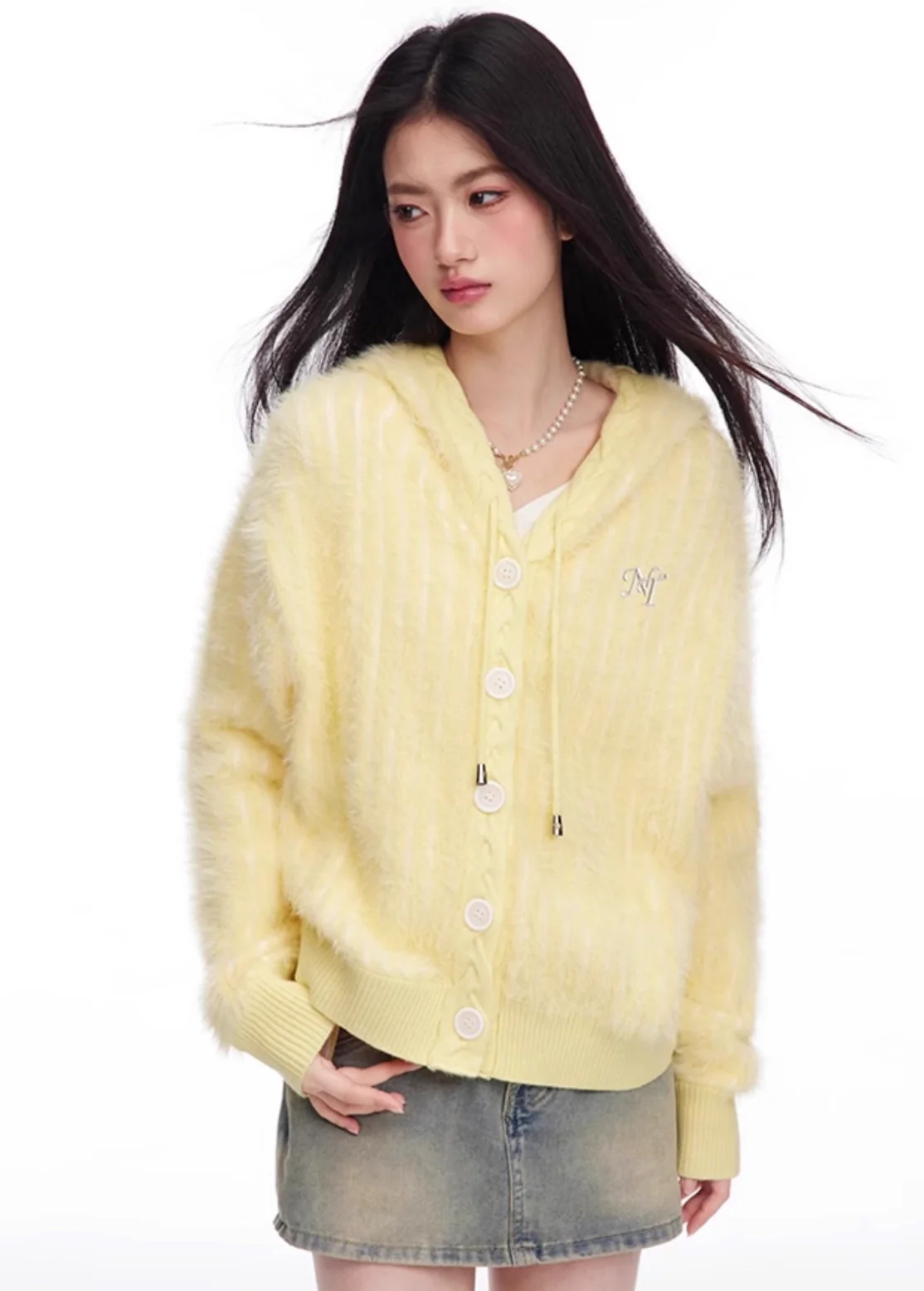 Fresh girl light blue two-color imitation mink knitted hooded cardigan - Image 11