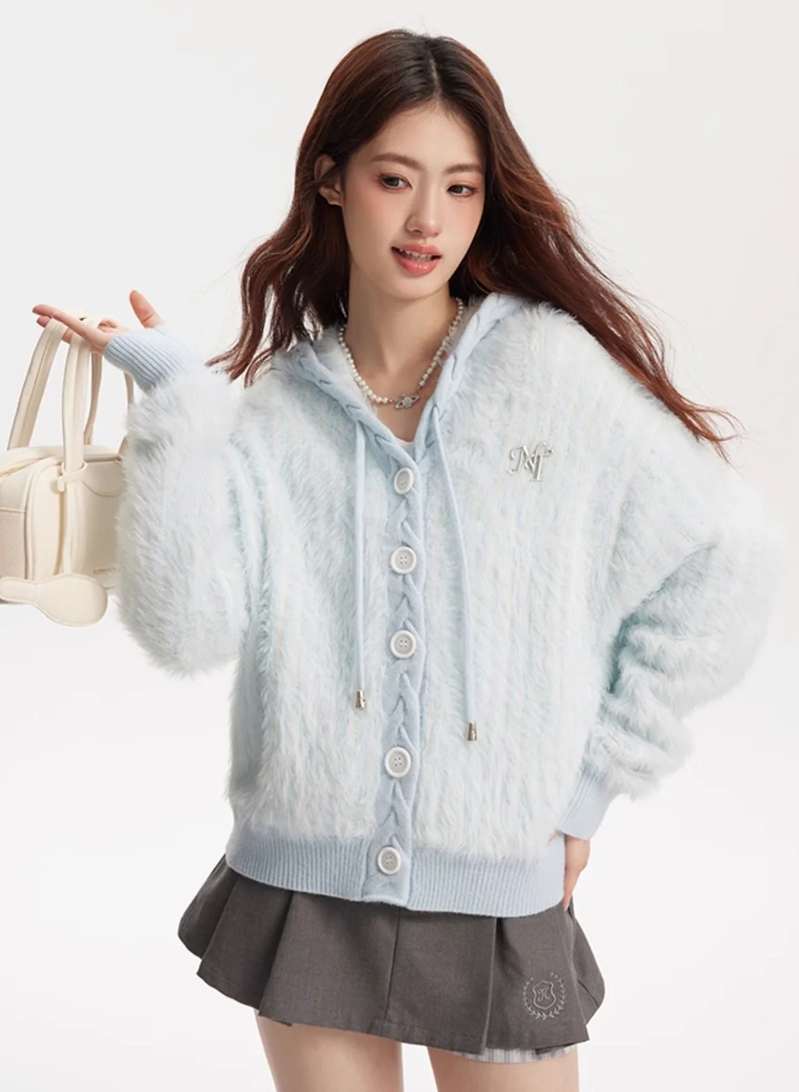 Fresh girl light blue two-color imitation mink knitted hooded cardigan - Image 13