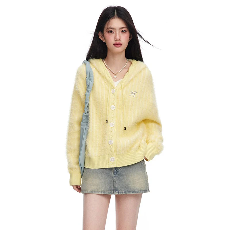 Fresh girl light blue two-color imitation mink knitted hooded cardigan - Image 3