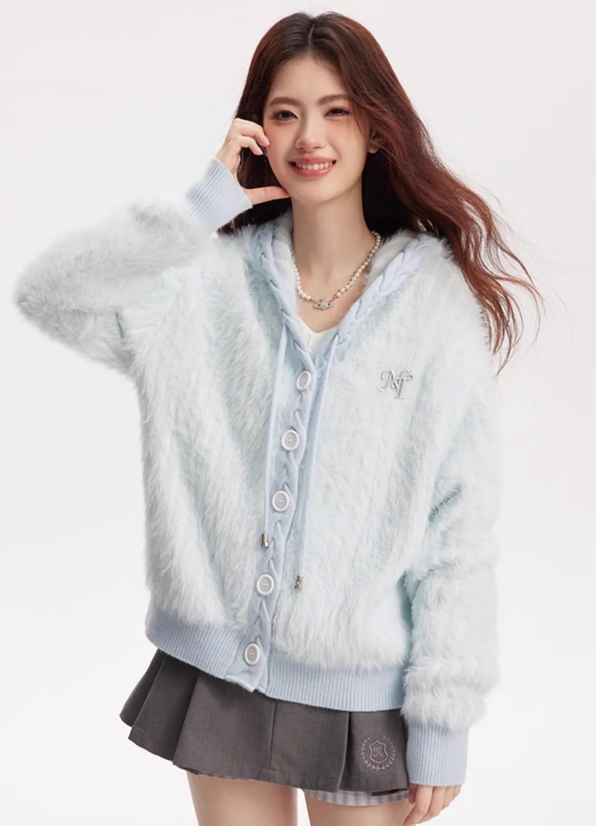 Fresh girl light blue two-color imitation mink knitted hooded cardigan - Image 4