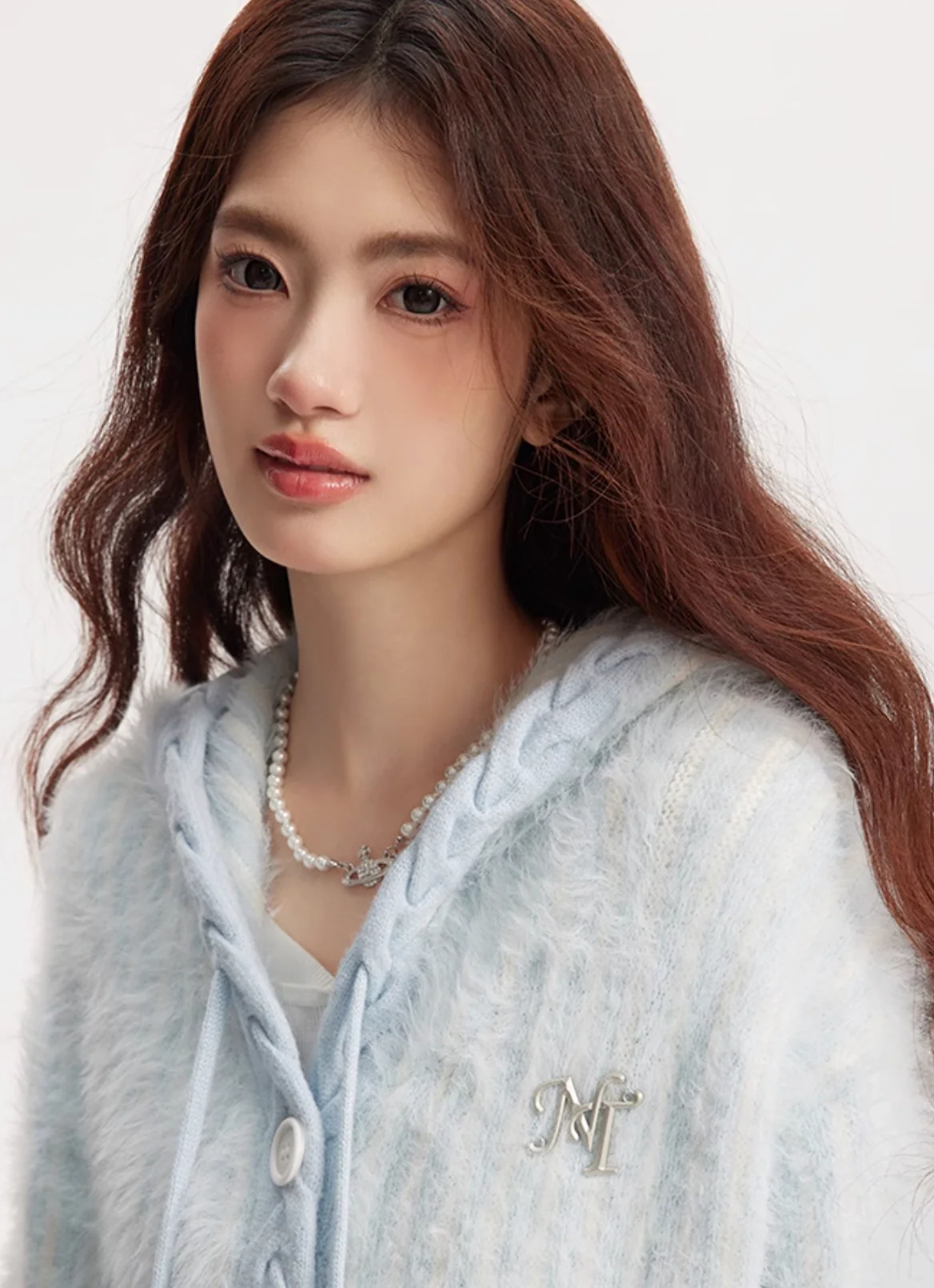 Fresh girl light blue two-color imitation mink knitted hooded cardigan - Image 5