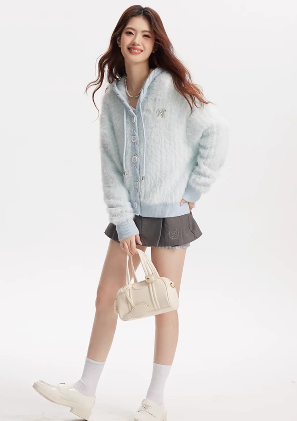 Fresh girl light blue two-color imitation mink knitted hooded cardigan - Image 6