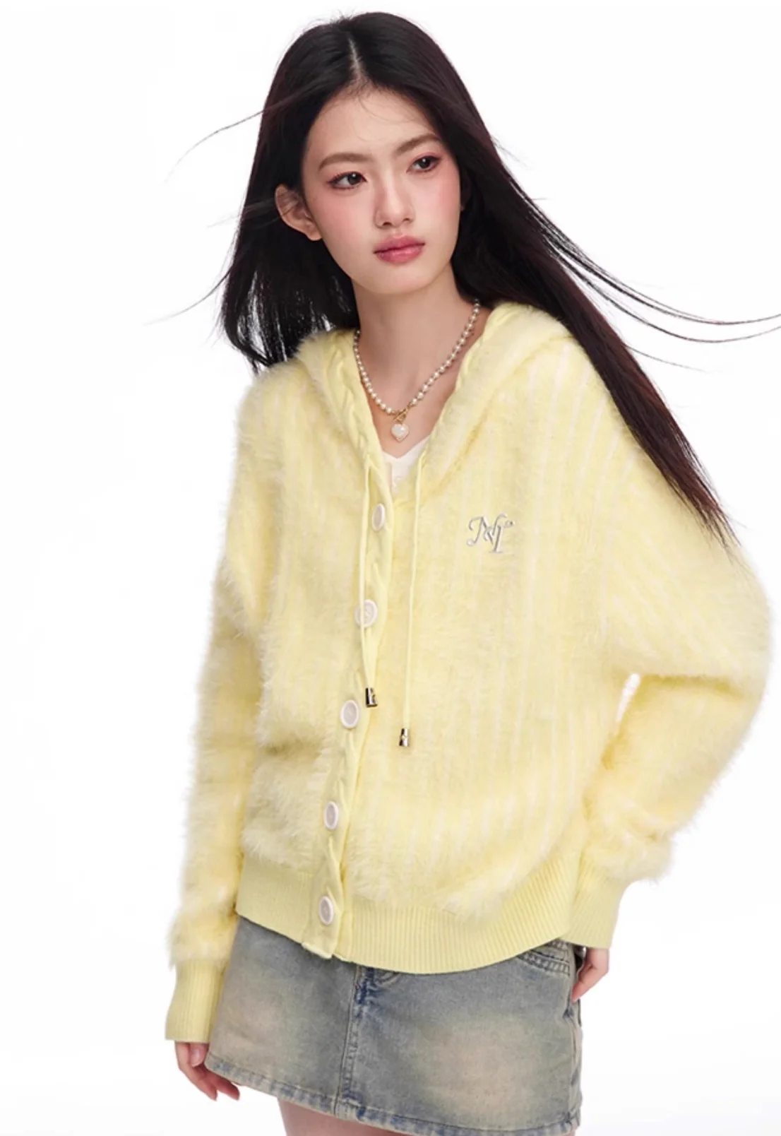 Fresh girl light blue two-color imitation mink knitted hooded cardigan - Image 7