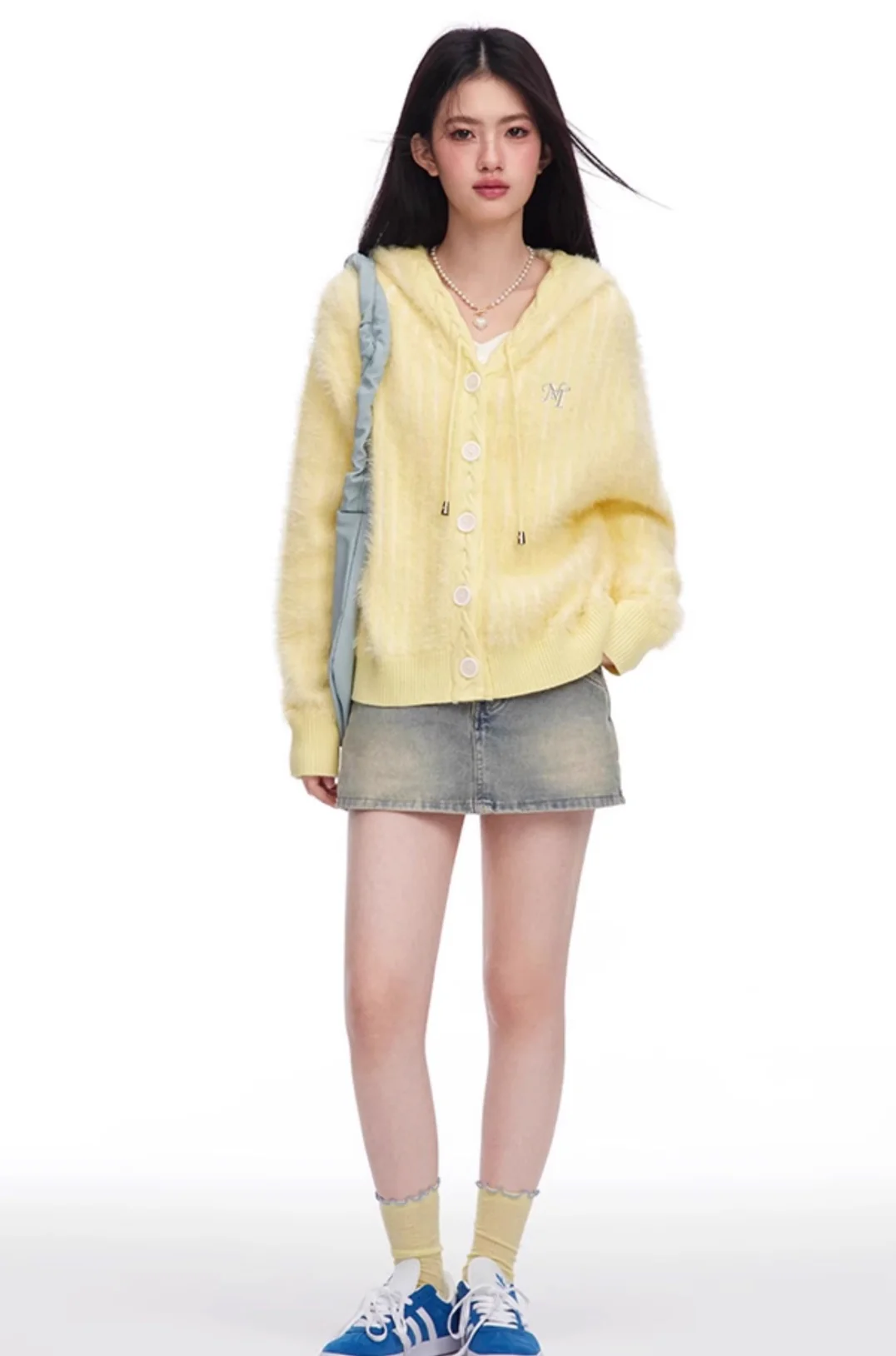 Fresh girl light blue two-color imitation mink knitted hooded cardigan - Image 8