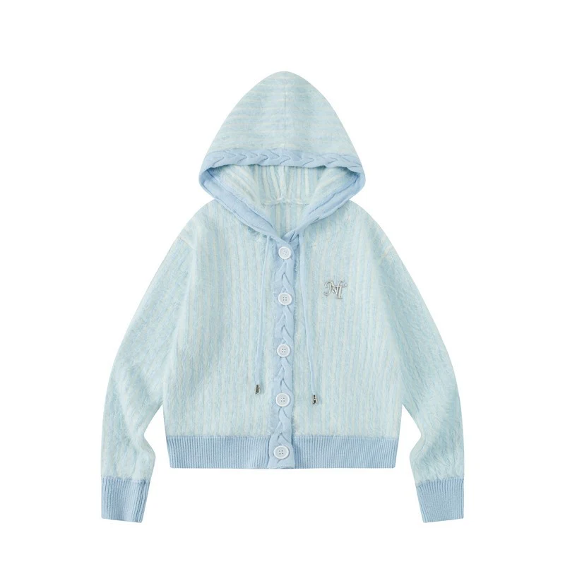 Fresh girl light blue two-color imitation mink knitted hooded cardigan - Image 9